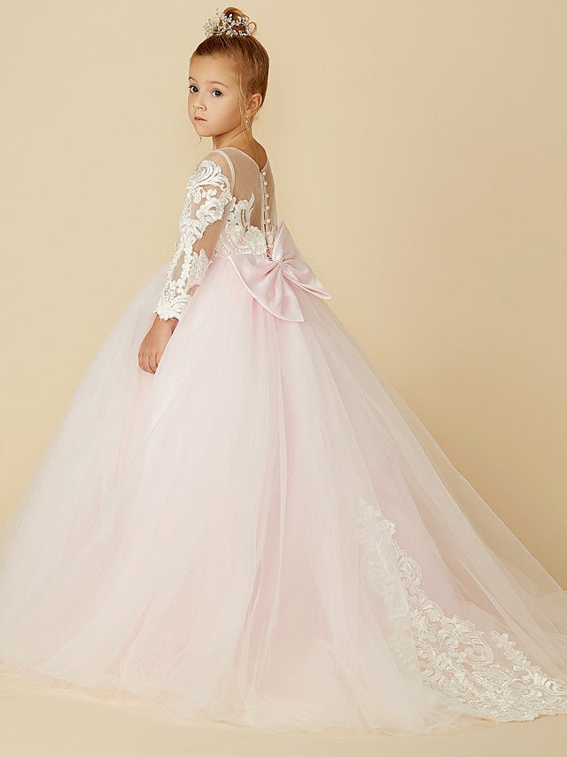 NumberSea - Ball Gown Lace Tulle Wedding Party Pageant Flower Girl Dresses with Sleeves