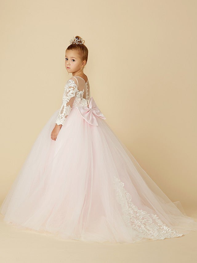 NumberSea - Ball Gown Lace Tulle Wedding Party Pageant Flower Girl Dresses with Sleeves