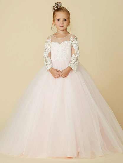 NumberSea - Ball Gown Lace Tulle Wedding Party Pageant Flower Girl Dresses with Sleeves