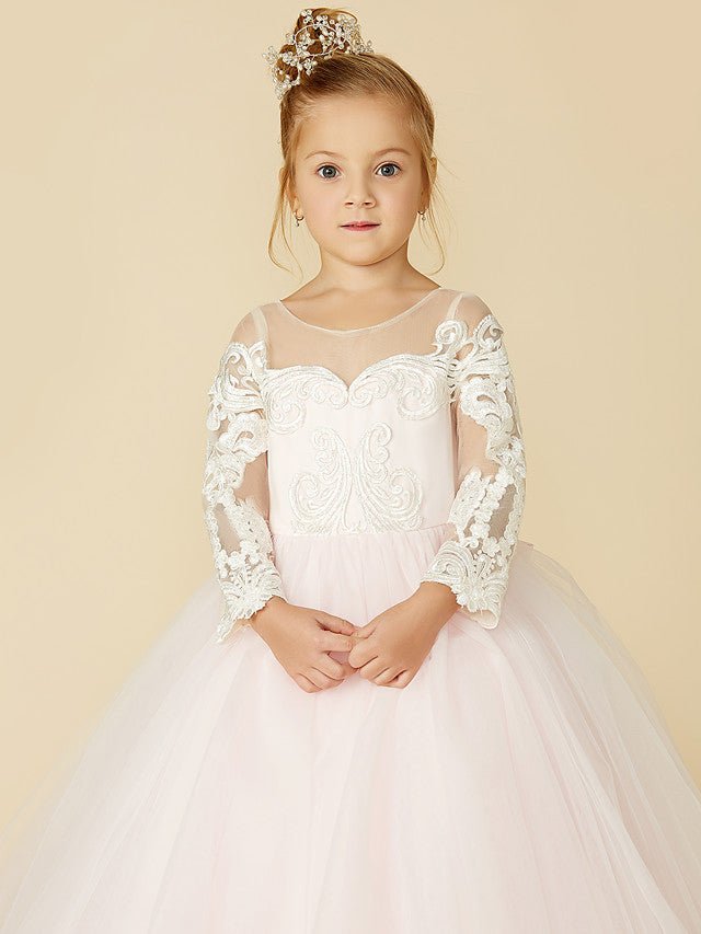 NumberSea - Ball Gown Lace Tulle Wedding Party Pageant Flower Girl Dresses with Sleeves