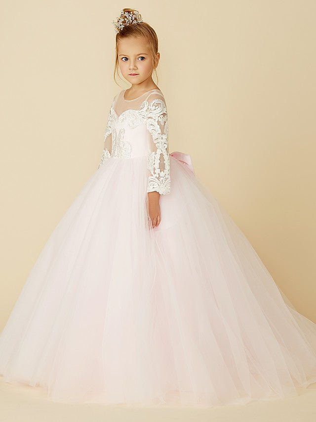 NumberSea - Ball Gown Lace Tulle Wedding Party Pageant Flower Girl Dresses with Sleeves