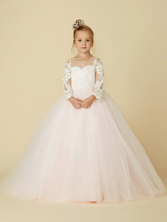 NumberSea - Ball Gown Lace Tulle Wedding Party Pageant Flower Girl Dresses with Sleeves