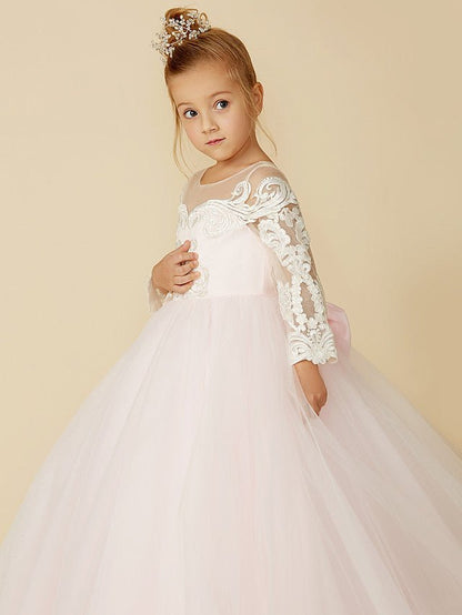 NumberSea - Ball Gown Lace Tulle Wedding Party Pageant Flower Girl Dresses with Sleeves