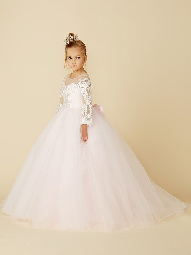 NumberSea - Ball Gown Lace Tulle Wedding Party Pageant Flower Girl Dresses with Sleeves