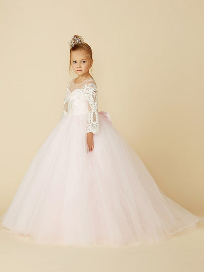 NumberSea - Ball Gown Lace Tulle Wedding Party Pageant Flower Girl Dresses with Sleeves