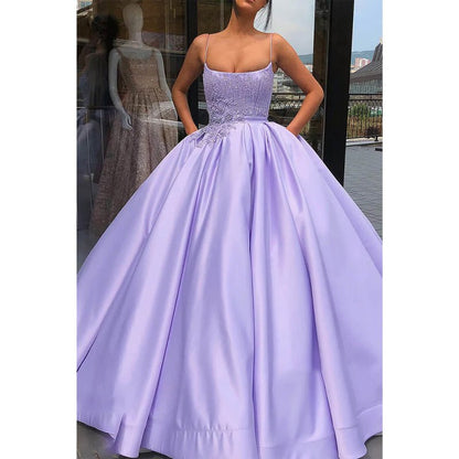 NumberSea - Ball Gown Lilac Satin Appliques Chic Scoop Long Prom Dress Formal Evening Gowns