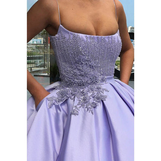 NumberSea - Ball Gown Lilac Satin Appliques Chic Scoop Long Prom Dress Formal Evening Gowns