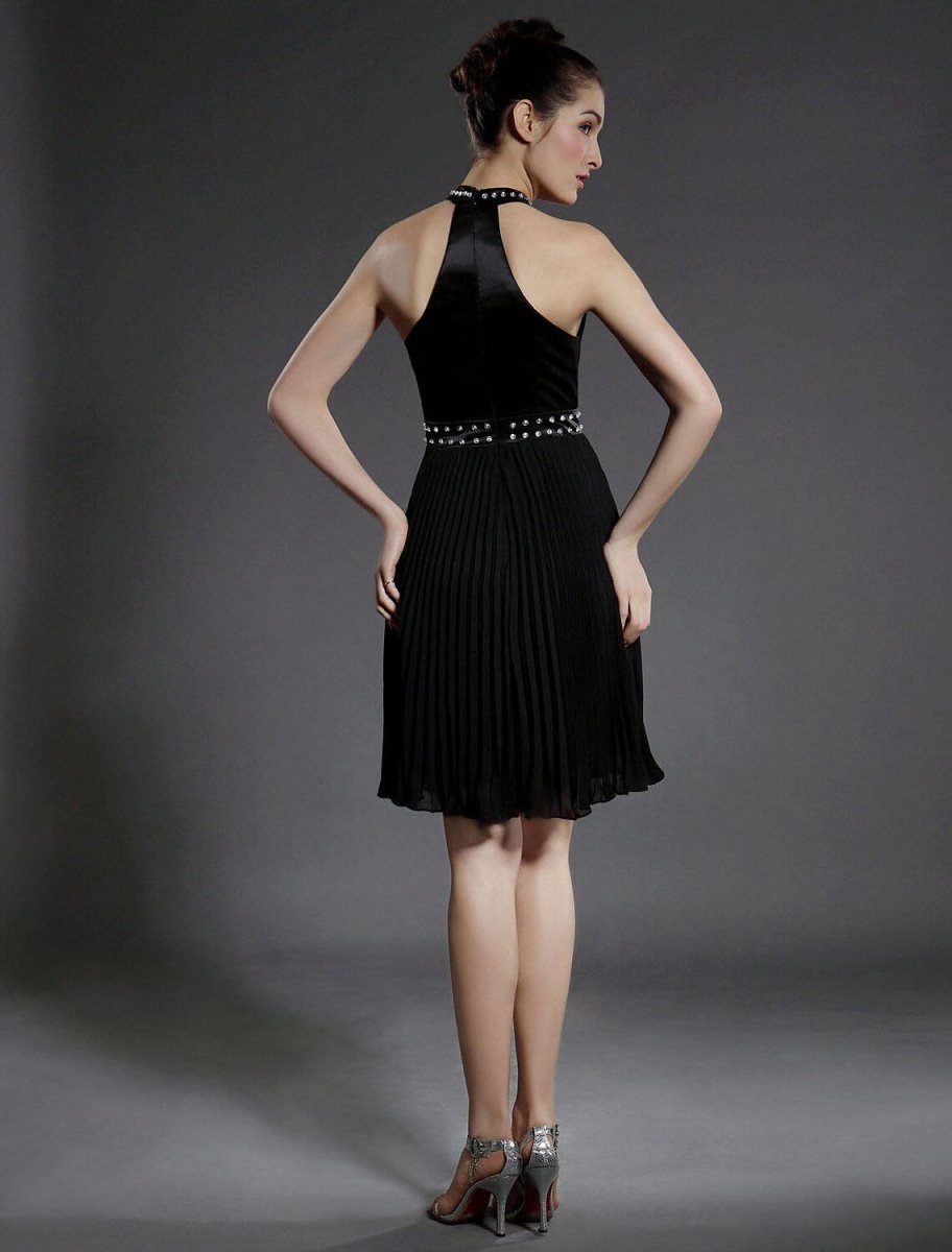 NumberSea - Ball Gown Little Black Dress Dress Holiday Knee Length Sleeveless High Neck Chiffon with Pleats Beading