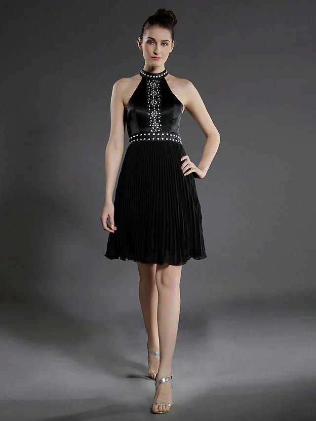 NumberSea - Ball Gown Little Black Dress Dress Holiday Knee Length Sleeveless High Neck Chiffon with Pleats Beading