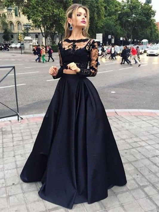 NumberSea - Ball Gown Long Sleeves Bateau Satin Floor - Length Dresses