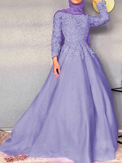 NumberSea - Ball Gown Long Sleeves Lace Tulle Jewel Floor - Length Dresses