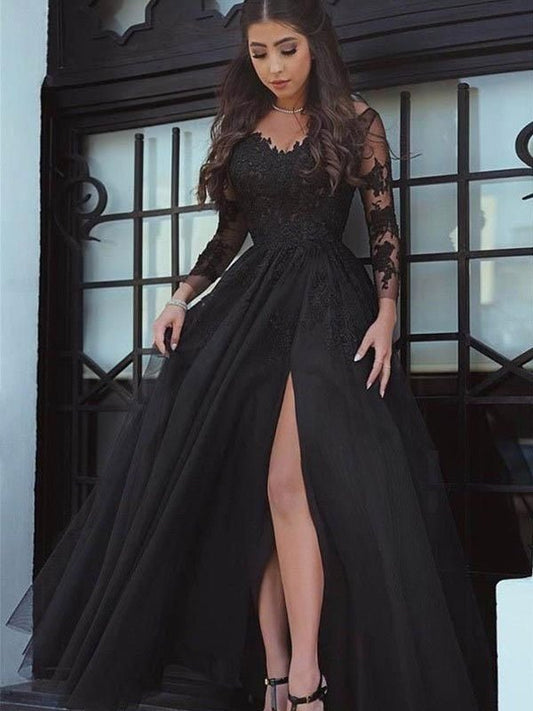 NumberSea - Ball Gown Long Sleeves V - neck Floor - Length Tulle Applique Dresses #