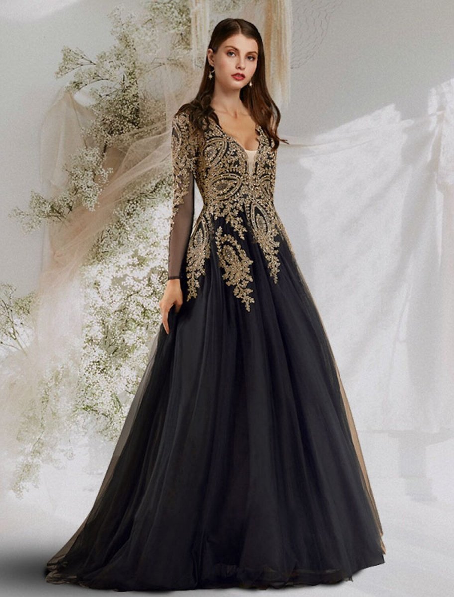 NumberSea - Ball Gown Luxurious Elegant Prom Formal Evening Dress V Neck Long Sleeve Floor Length Tulle with Sequin Appliques