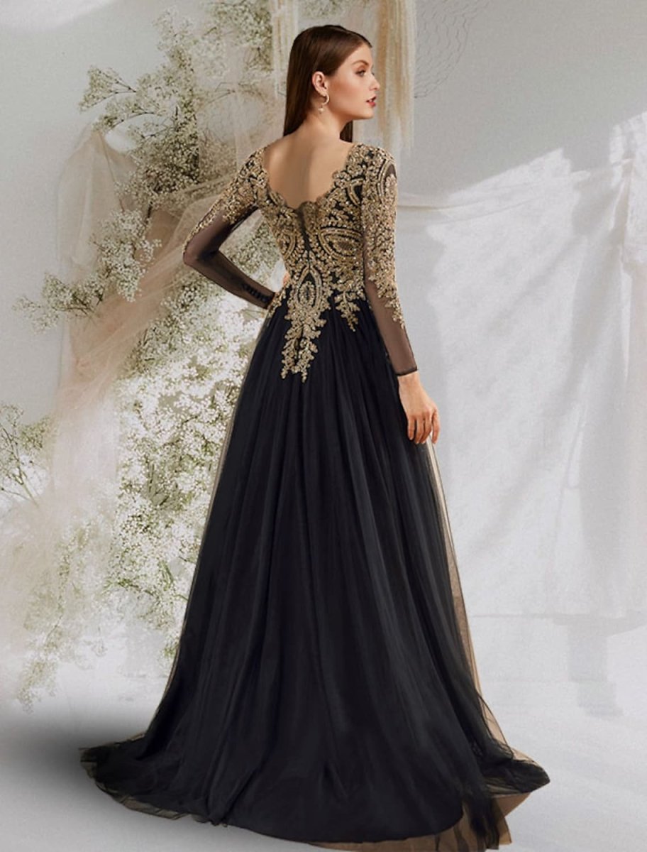 NumberSea - Ball Gown Luxurious Elegant Prom Formal Evening Dress V Neck Long Sleeve Floor Length Tulle with Sequin Appliques