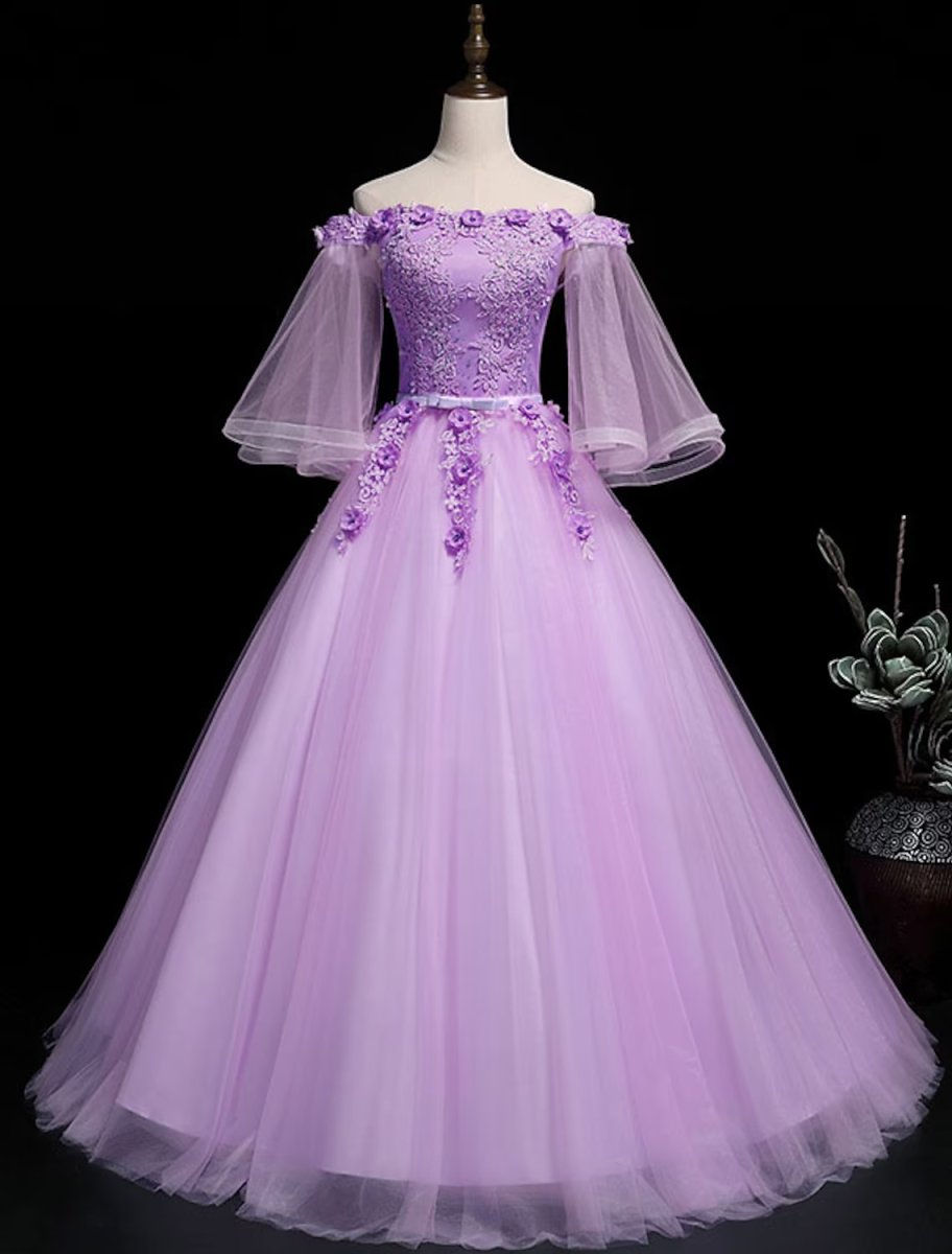 NumberSea - Ball Gown Luxurious Floral Quinceanera Prom Birthday Dress Off Shoulder 3/4 Length Sleeve Floor Length Tulle with Sash / Ribbon Embroidery