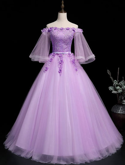 NumberSea - Ball Gown Luxurious Floral Quinceanera Prom Birthday Dress Off Shoulder 3/4 Length Sleeve Floor Length Tulle with Sash / Ribbon Embroidery