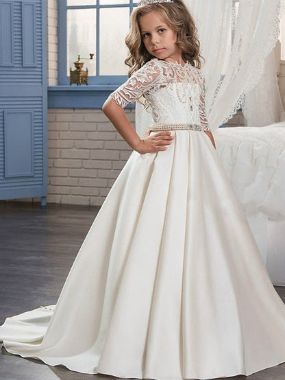 NumberSea - Ball Gown Matte Satin Jewel Neck Sweep Brush Train Wedding Birthday Pageant Flower Girl Dresses with Sleeves