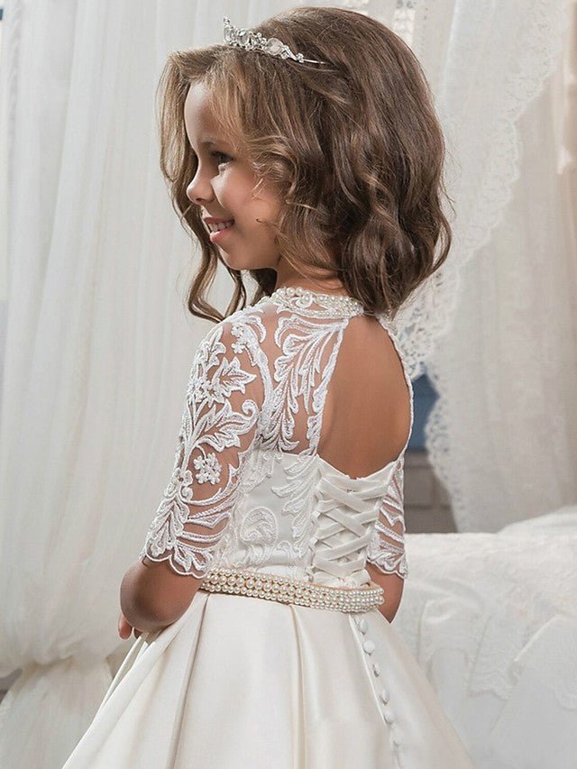 NumberSea - Ball Gown Matte Satin Jewel Neck Sweep Brush Train Wedding Birthday Pageant Flower Girl Dresses with Sleeves