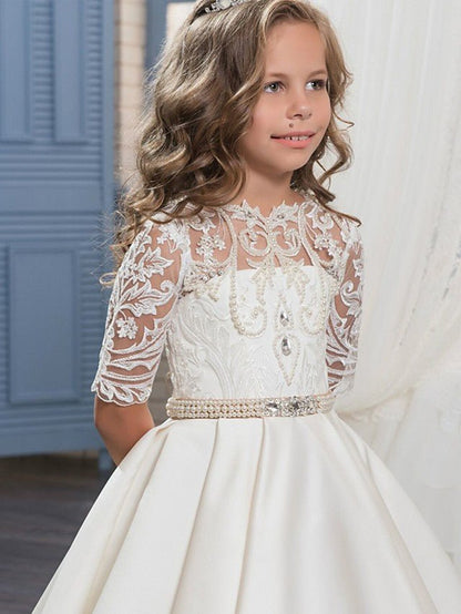 NumberSea - Ball Gown Matte Satin Jewel Neck Sweep Brush Train Wedding Birthday Pageant Flower Girl Dresses with Sleeves