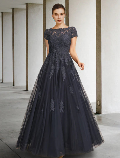 NumberSea - Ball Gown Mother of the Bride Dress Luxurious Elegant Jewel Neck Floor Length Lace Tulle Short Sleeve with Crystals Appliques