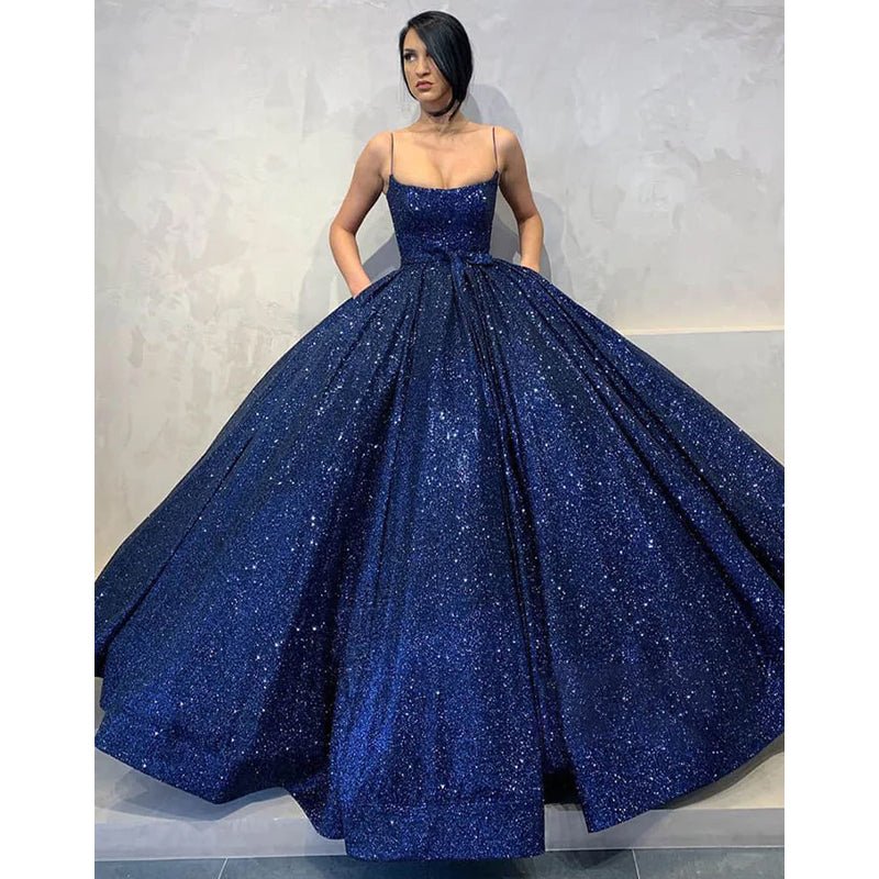 NumberSea - Ball Gown Navy Blue Sequins Spaghetti Straps Long Prom Dress with Pockets