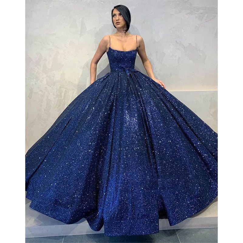 NumberSea - Ball Gown Navy Blue Sequins Spaghetti Straps Long Prom Dress with Pockets