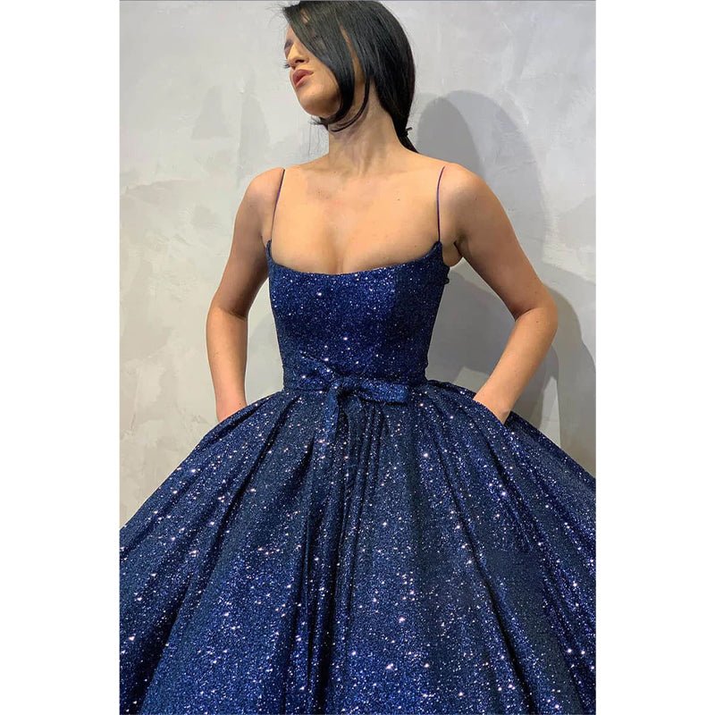 NumberSea - Ball Gown Navy Blue Sequins Spaghetti Straps Long Prom Dress with Pockets