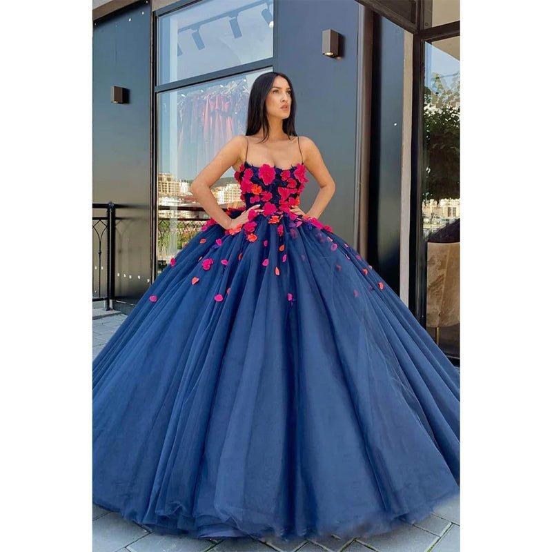 NumberSea - Ball Gown Navy Blue Tulle 3d Appliques Long Prom Dress Formal Evening Gowns