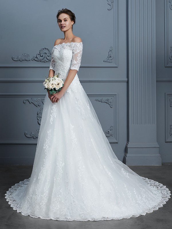 NumberSea - Ball Gown Off - the - Shoulder 1/2 Sleeves Beading Court Train Lace Wedding Dresses