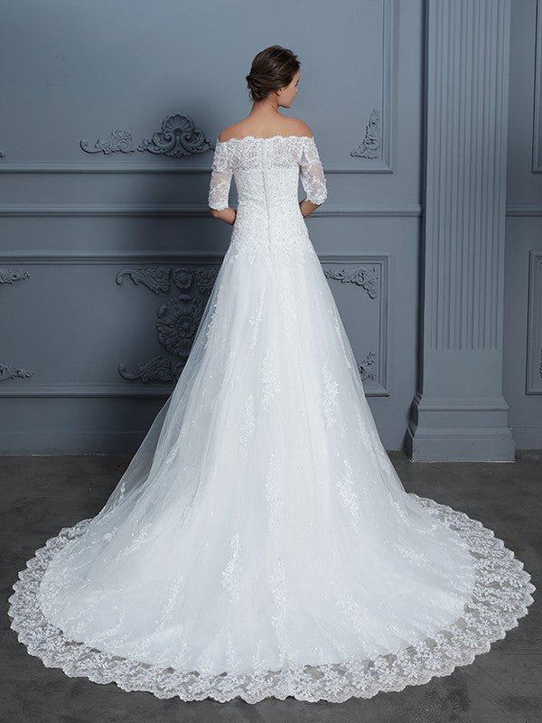 NumberSea - Ball Gown Off - the - Shoulder 1/2 Sleeves Beading Court Train Lace Wedding Dresses