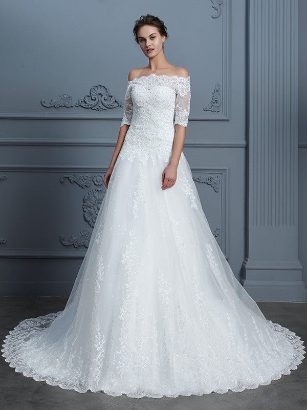 NumberSea - Ball Gown Off - the - Shoulder 1/2 Sleeves Beading Court Train Lace Wedding Dresses