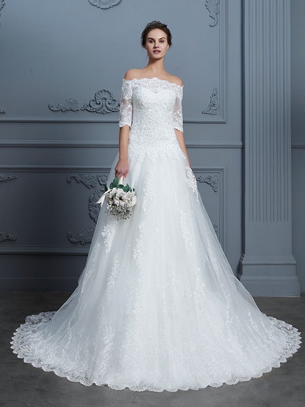 NumberSea - Ball Gown Off - the - Shoulder 1/2 Sleeves Beading Court Train Lace Wedding Dresses