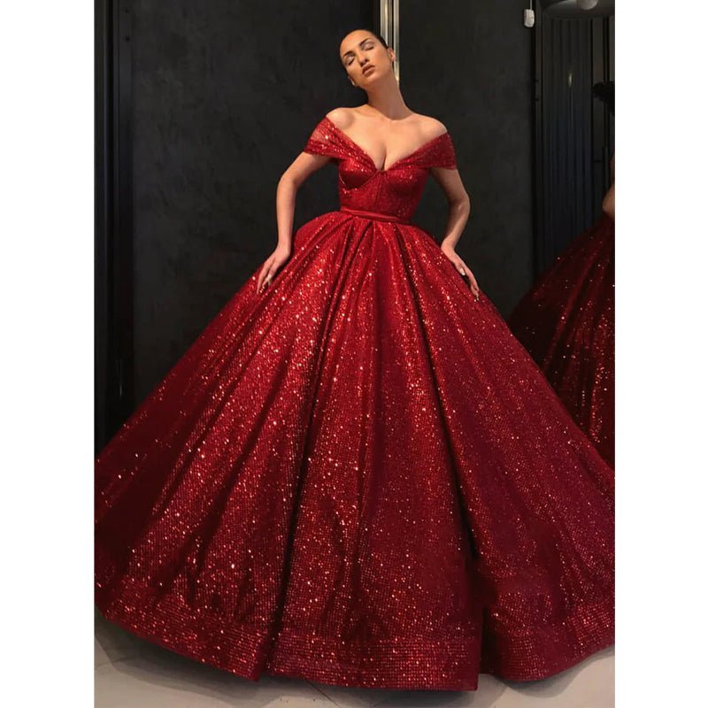 NumberSea - Ball Gown Off - the - shoulder Burgundy Sequined Long Formal Evening Dress