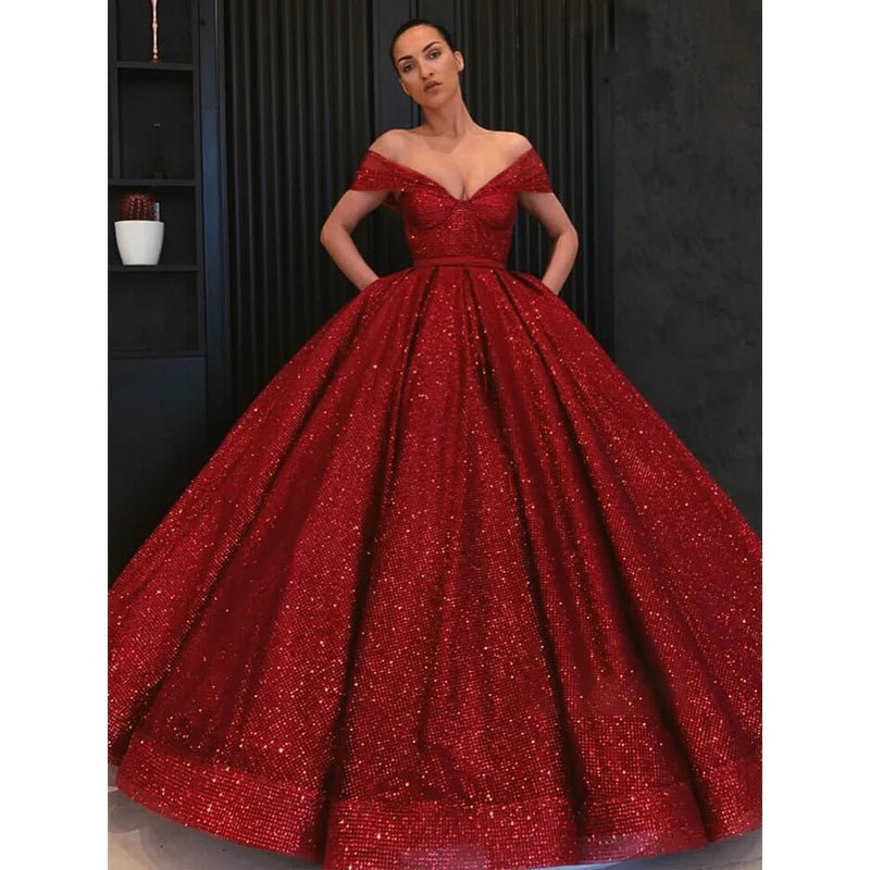 NumberSea - Ball Gown Off - the - shoulder Burgundy Sequined Long Formal Evening Dress