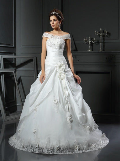 NumberSea - Ball Gown Off - the - Shoulder Hand - Made Flower Sleeveless Long Taffeta Wedding Dresses