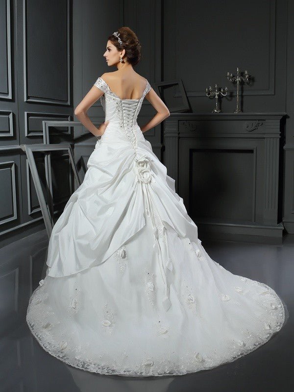 NumberSea - Ball Gown Off - the - Shoulder Hand - Made Flower Sleeveless Long Taffeta Wedding Dresses