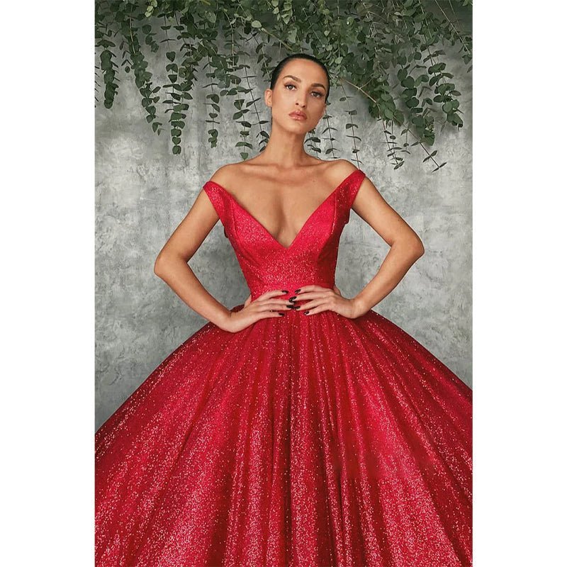 NumberSea - Ball Gown Off - the - shoulder Red Sequins Long Evening Dress Prom Gowns