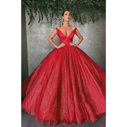 NumberSea - Ball Gown Off - the - shoulder Red Sequins Long Evening Dress Prom Gowns