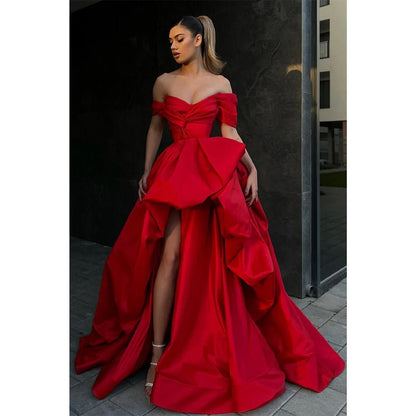 NumberSea - Ball Gown Off The Shoulder Short Sleeves Red Long Prom Formal Gowns