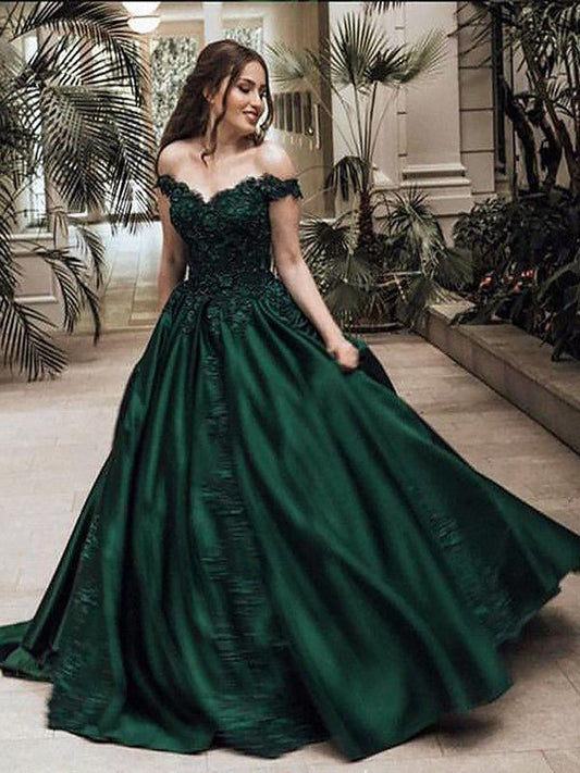 NumberSea - Ball Gown Off - the - Shoulder Sleeveless Floor - Length Lace Satin Dresses