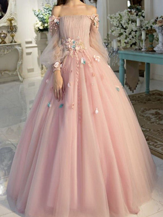 NumberSea - Ball Gown Off - the - Shoulder Tulle Long Sleeves Hand - Made Flower Floor - Length Dresses