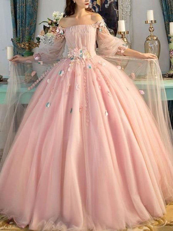 NumberSea - Ball Gown Off - the - Shoulder Tulle Long Sleeves Hand - Made Flower Floor - Length Dresses