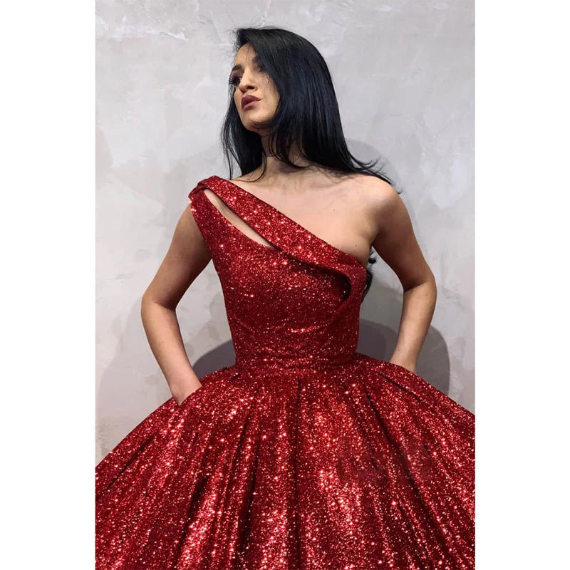 NumberSea - Ball Gown One Shoulder Burgundy Sequins Long Evening Gowns Prom Dress