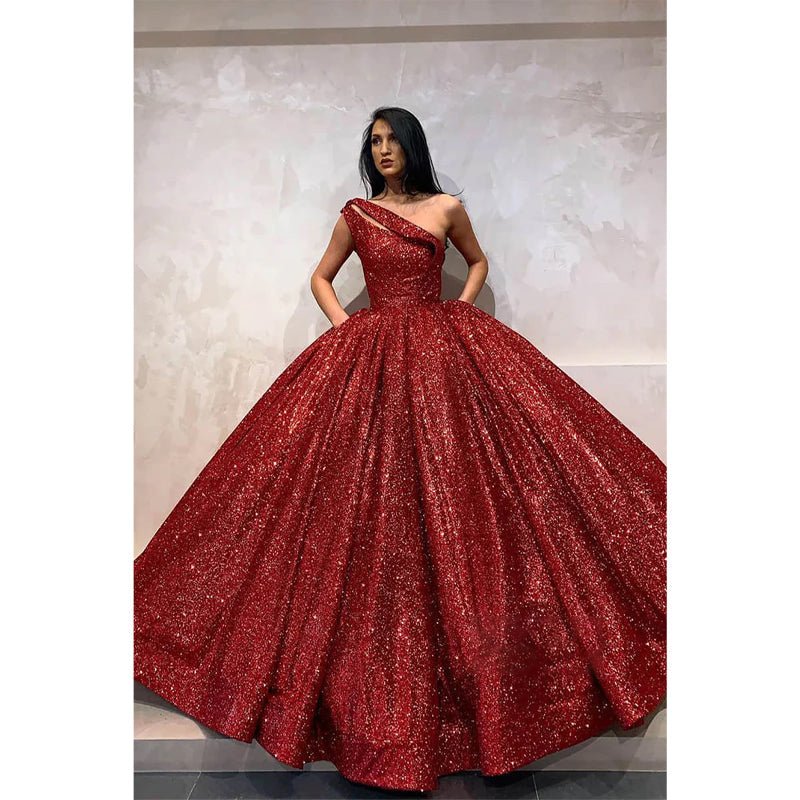 NumberSea - Ball Gown One Shoulder Burgundy Sequins Long Evening Gowns Prom Dress