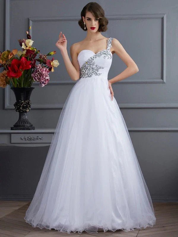 NumberSea - Ball Gown One - Shoulder Sleeveless Beading Long Elastic Woven Satin Quinceanera Dresses