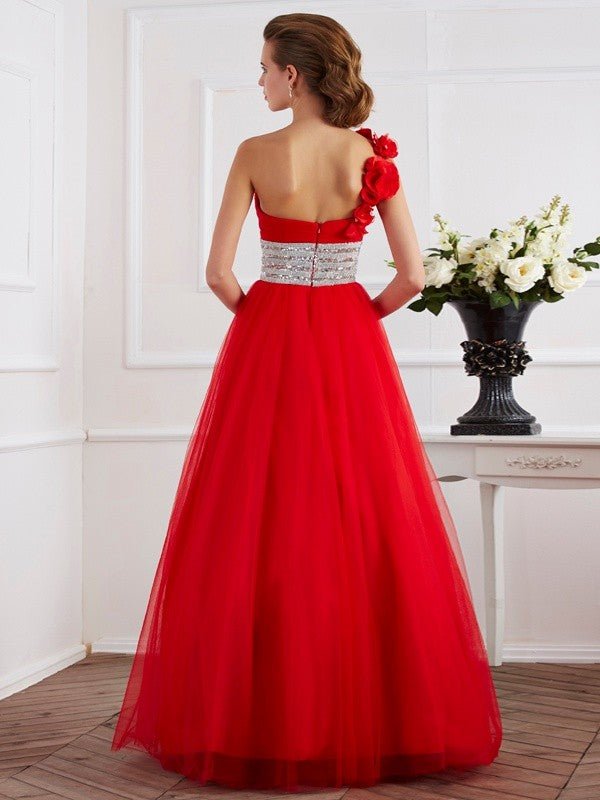 NumberSea - Ball Gown One - Shoulder Sleeveless Hand - Made Flower Long Net Quinceanera Dresses