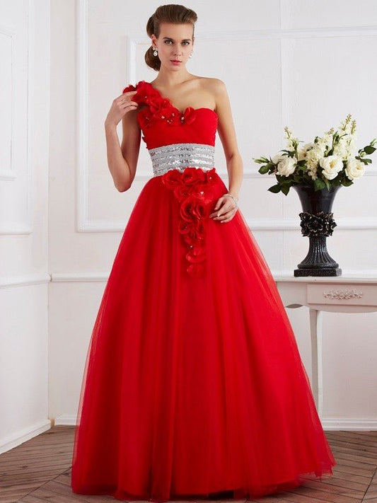 NumberSea - Ball Gown One - Shoulder Sleeveless Hand - Made Flower Long Net Quinceanera Dresses