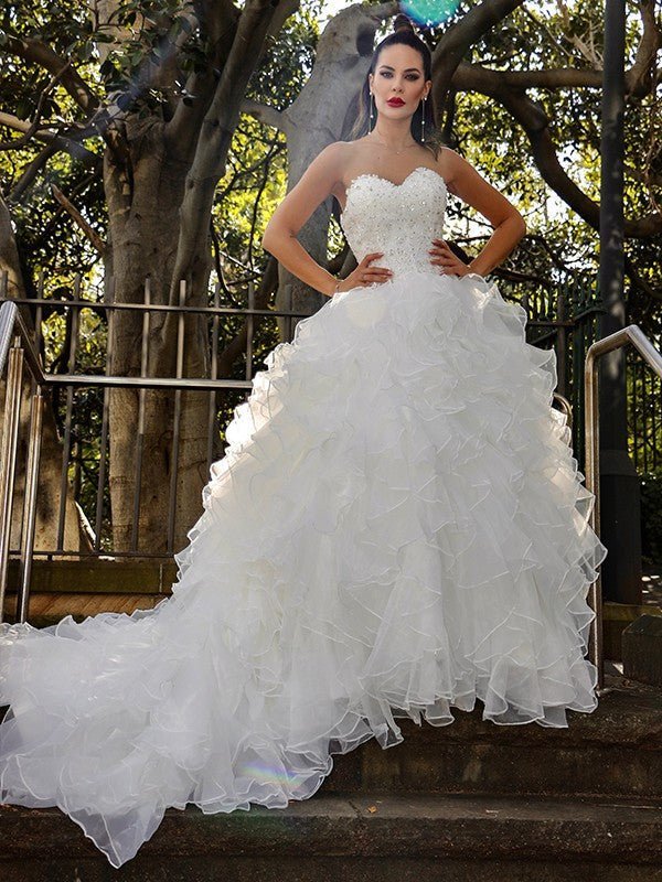 NumberSea - Ball Gown Organza Sleeveless Sequin Sweetheart Chapel Train Wedding Dresses