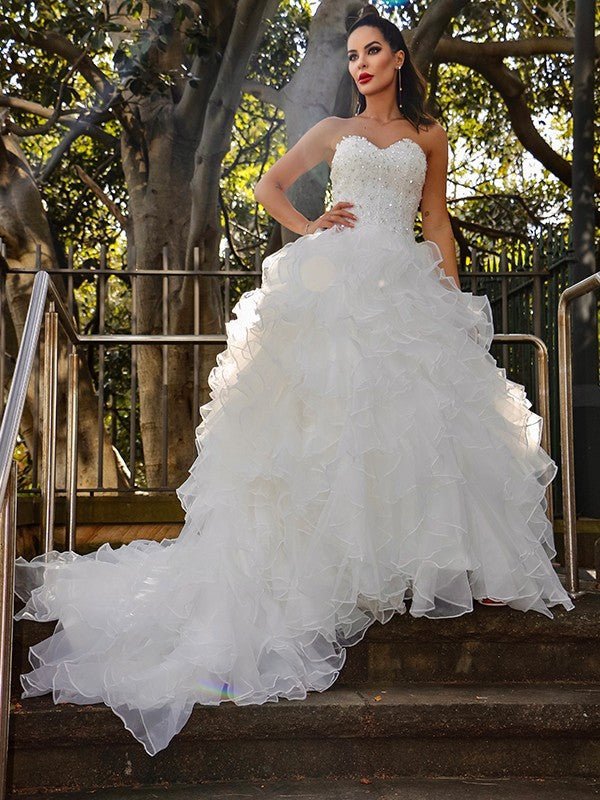 NumberSea - Ball Gown Organza Sleeveless Sequin Sweetheart Chapel Train Wedding Dresses