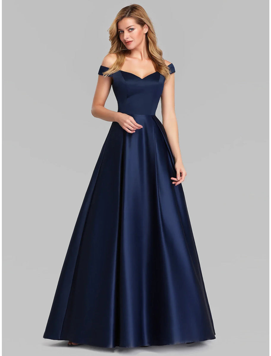 NumberSea - Ball Gown Party Dress Elegant Quinceanera Prom Birthday Dress Off Shoulder Short Sleeve Floor Length Satin with Pleats